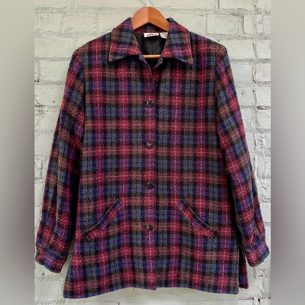 Vintage Plaid Chore Jacket In Burgundy and Blue
